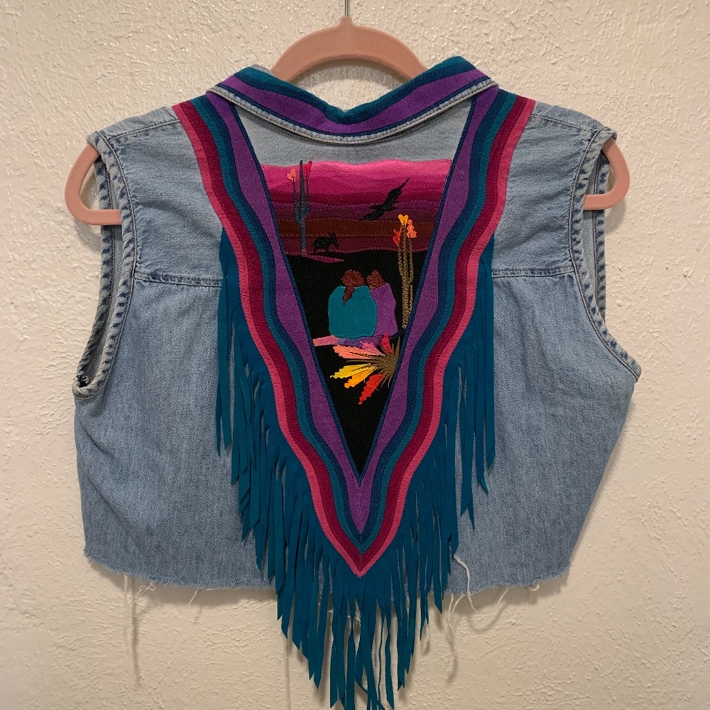 VINTAGE Festival Denim Crop Top with Suede Fringe